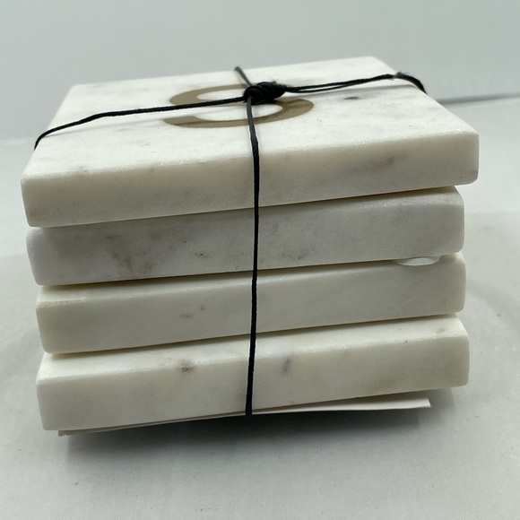 White Marble with Gold Monogram Coaster Set - Picture 2 of 4